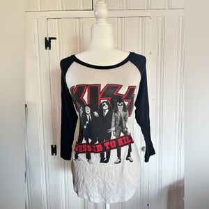 Women's Black and Red Rock n Roll KISS Band Baseball Tee ~ Size M